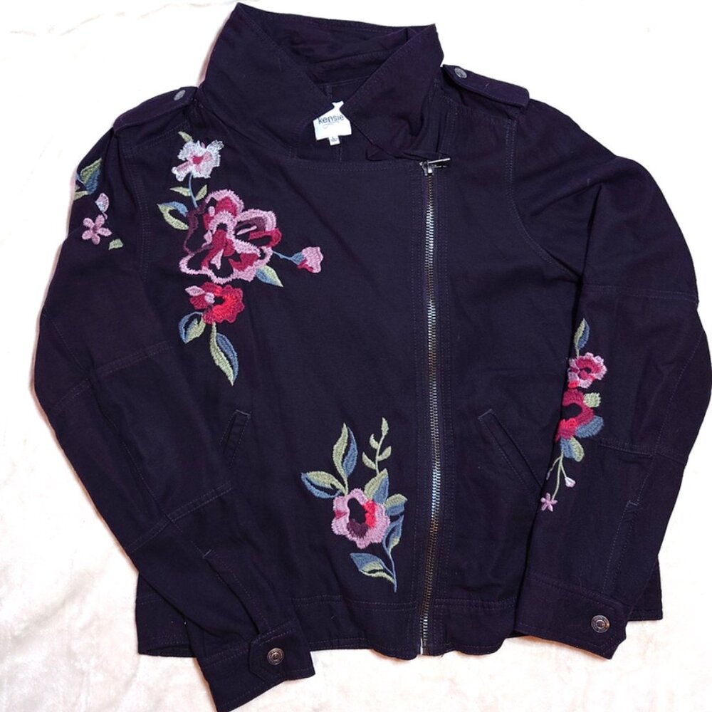 Kensie Black Embroidered Moto Jacket – Floral Detail – Size Large